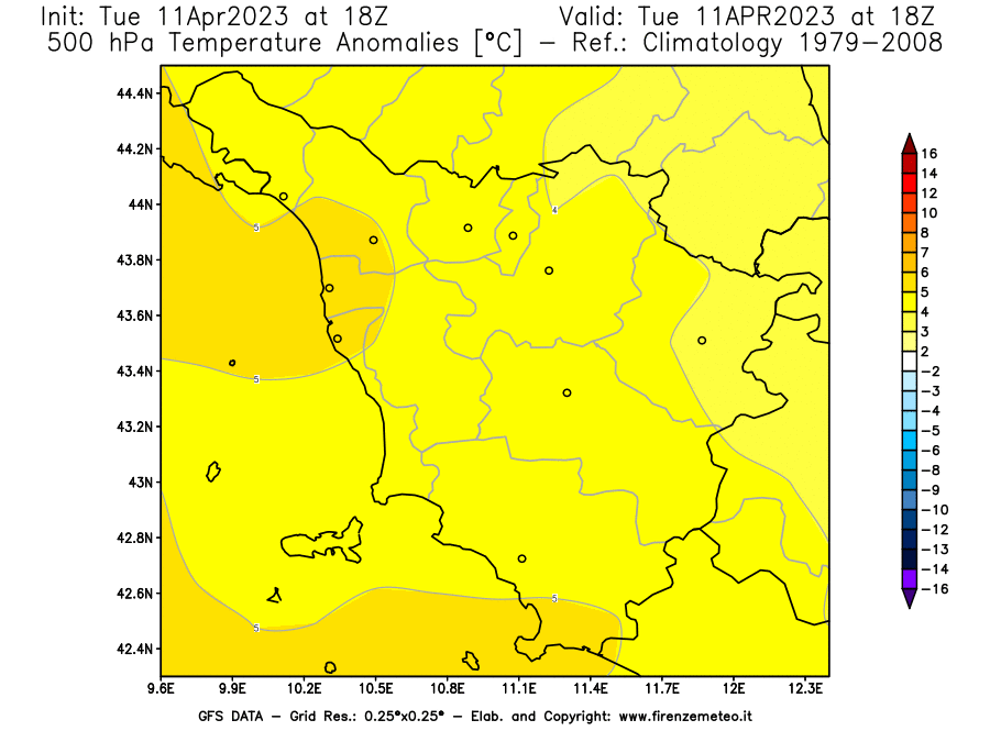 Mappa di analisi GFS - Anomalia Temperatura [°C] a 500 hPa in Toscana
							del 11/04/2023 18 <!--googleoff: index-->UTC<!--googleon: index-->