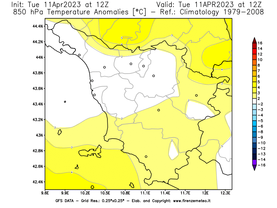 Mappa di analisi GFS - Anomalia Temperatura [°C] a 850 hPa in Toscana
							del 11/04/2023 12 <!--googleoff: index-->UTC<!--googleon: index-->