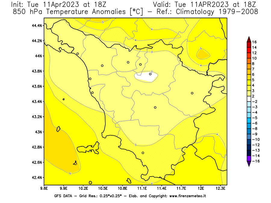 Mappa di analisi GFS - Anomalia Temperatura [°C] a 850 hPa in Toscana
							del 11/04/2023 18 <!--googleoff: index-->UTC<!--googleon: index-->