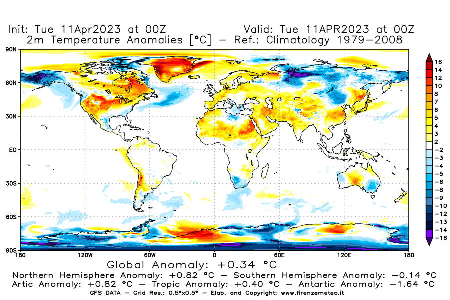 Mappa di analisi GFS - Anomalia Temperatura [°C] a 2 m in World
							del 11/04/2023 00 <!--googleoff: index-->UTC<!--googleon: index-->