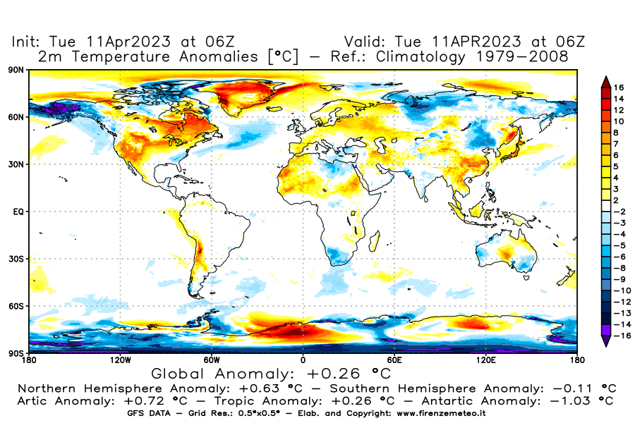 Mappa di analisi GFS - Anomalia Temperatura [°C] a 2 m in World
							del 11/04/2023 06 <!--googleoff: index-->UTC<!--googleon: index-->