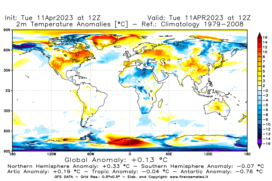 Mappa di analisi GFS - Anomalia Temperatura [°C] a 2 m in World
							del 11/04/2023 12 <!--googleoff: index-->UTC<!--googleon: index-->