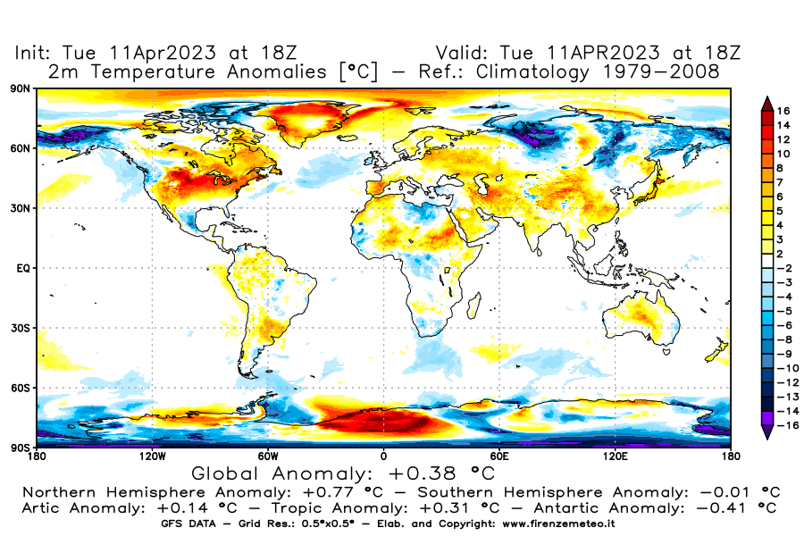 Mappa di analisi GFS - Anomalia Temperatura [°C] a 2 m in World
							del 11/04/2023 18 <!--googleoff: index-->UTC<!--googleon: index-->