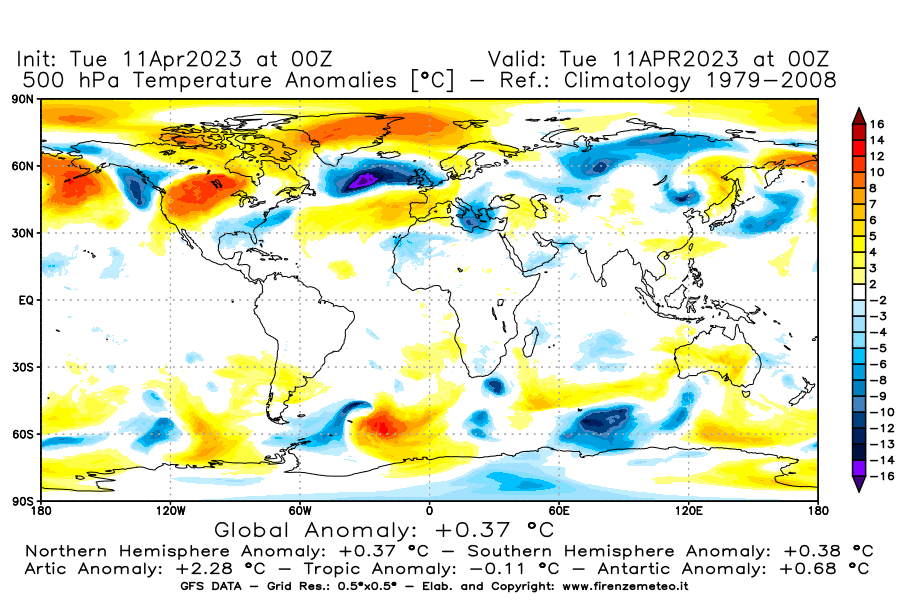 Mappa di analisi GFS - Anomalia Temperatura [°C] a 500 hPa in World
							del 11/04/2023 00 <!--googleoff: index-->UTC<!--googleon: index-->