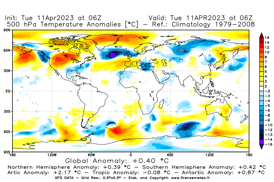 Mappa di analisi GFS - Anomalia Temperatura [°C] a 500 hPa in World
							del 11/04/2023 06 <!--googleoff: index-->UTC<!--googleon: index-->