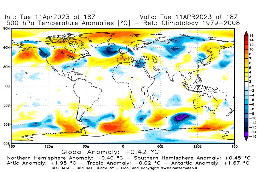 Mappa di analisi GFS - Anomalia Temperatura [°C] a 500 hPa in World
							del 11/04/2023 18 <!--googleoff: index-->UTC<!--googleon: index-->