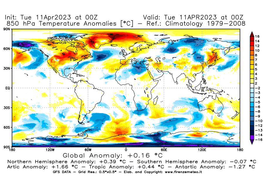 Mappa di analisi GFS - Anomalia Temperatura [°C] a 850 hPa in World
							del 11/04/2023 00 <!--googleoff: index-->UTC<!--googleon: index-->