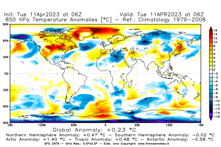Mappa di analisi GFS - Anomalia Temperatura [°C] a 850 hPa in World
							del 11/04/2023 06 <!--googleoff: index-->UTC<!--googleon: index-->
