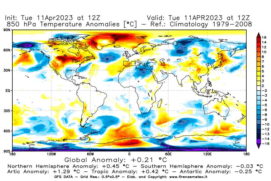 Mappa di analisi GFS - Anomalia Temperatura [°C] a 850 hPa in World
							del 11/04/2023 12 <!--googleoff: index-->UTC<!--googleon: index-->