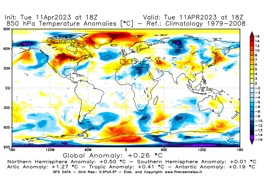 Mappa di analisi GFS - Anomalia Temperatura [°C] a 850 hPa in World
							del 11/04/2023 18 <!--googleoff: index-->UTC<!--googleon: index-->