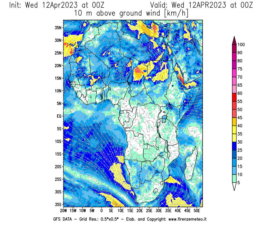 GFS analysi map - Wind Speed at 10 m above ground [km/h] in Africa
									on 12/04/2023 00 <!--googleoff: index-->UTC<!--googleon: index-->