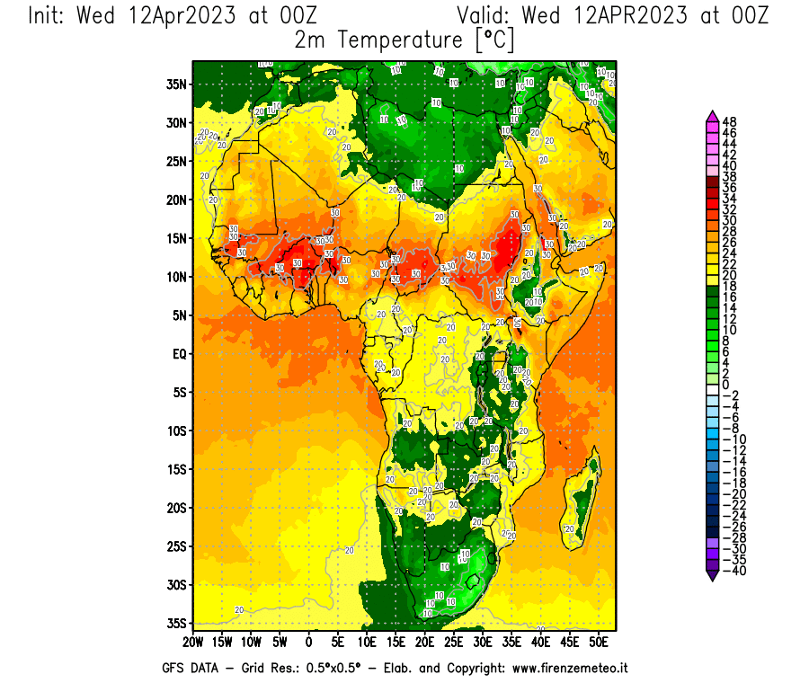 GFS analysi map - Temperature at 2 m above ground [°C] in Africa
									on 12/04/2023 00 <!--googleoff: index-->UTC<!--googleon: index-->