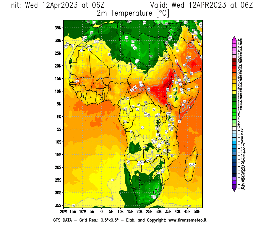 GFS analysi map - Temperature at 2 m above ground [°C] in Africa
									on 12/04/2023 06 <!--googleoff: index-->UTC<!--googleon: index-->