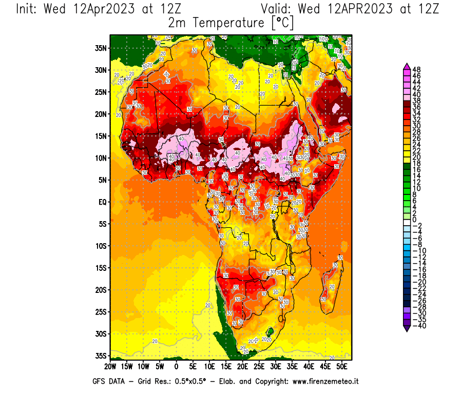 GFS analysi map - Temperature at 2 m above ground [°C] in Africa
									on 12/04/2023 12 <!--googleoff: index-->UTC<!--googleon: index-->