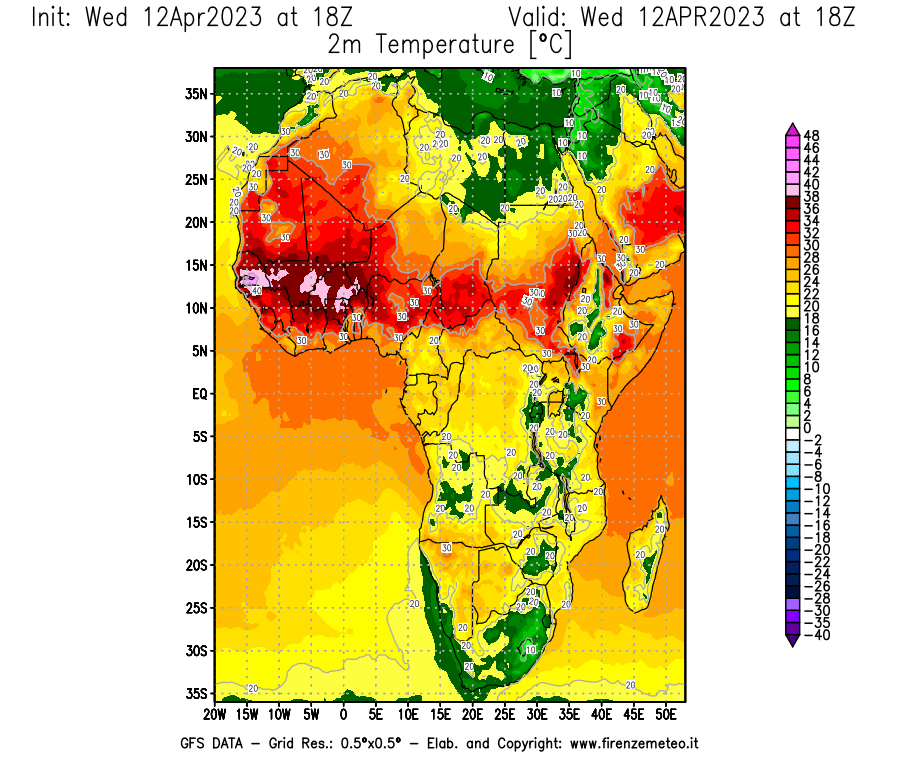 GFS analysi map - Temperature at 2 m above ground [°C] in Africa
									on 12/04/2023 18 <!--googleoff: index-->UTC<!--googleon: index-->