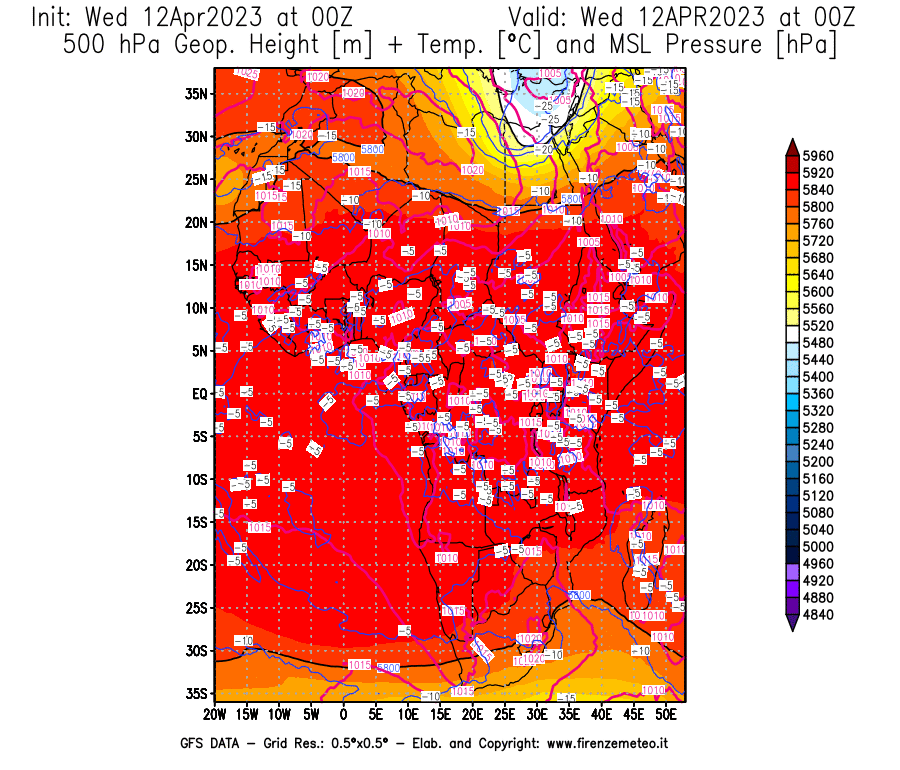 GFS analysi map - Geopotential [m] + Temp. [°C] at 500 hPa + Sea Level Pressure [hPa] in Africa
									on 12/04/2023 00 <!--googleoff: index-->UTC<!--googleon: index-->
