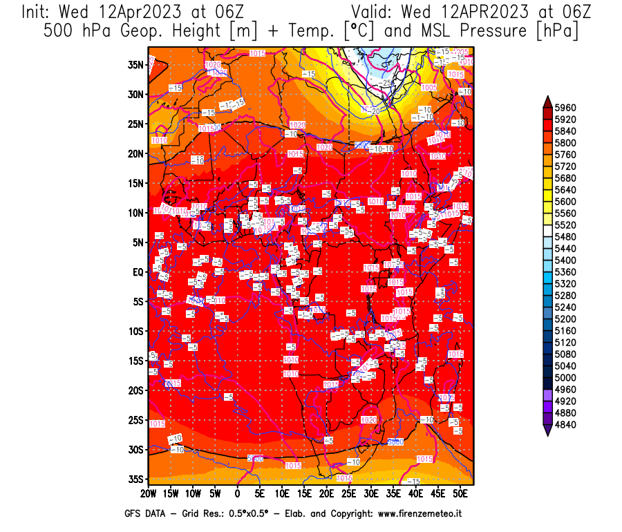 GFS analysi map - Geopotential [m] + Temp. [°C] at 500 hPa + Sea Level Pressure [hPa] in Africa
									on 12/04/2023 06 <!--googleoff: index-->UTC<!--googleon: index-->