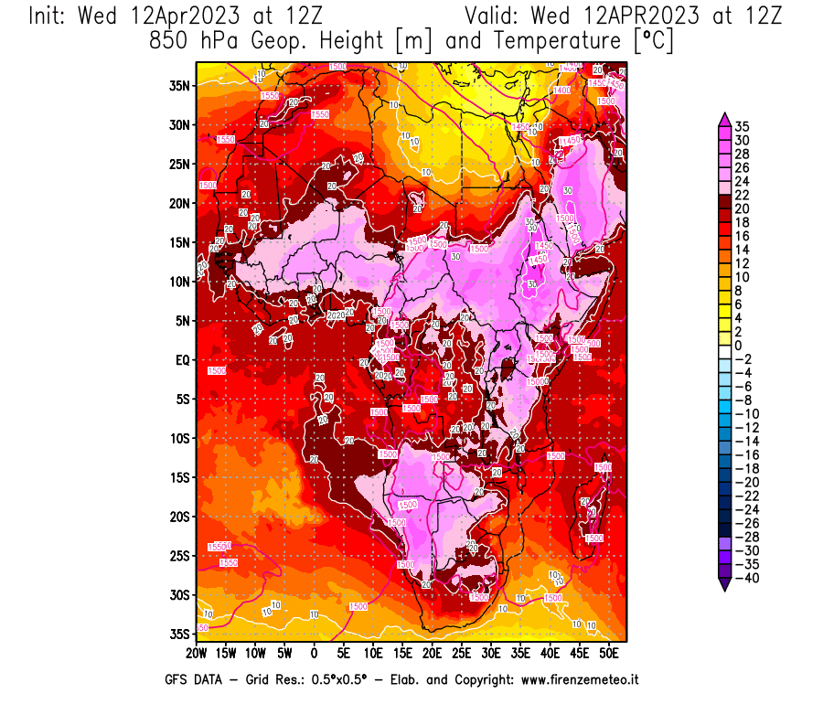 GFS analysi map - Geopotential [m] and Temperature [°C] at 850 hPa in Africa
									on 12/04/2023 12 <!--googleoff: index-->UTC<!--googleon: index-->