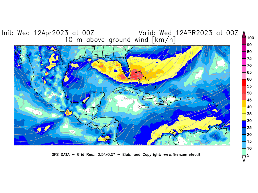 GFS analysi map - Wind Speed at 10 m above ground [km/h] in Central America
									on 12/04/2023 00 <!--googleoff: index-->UTC<!--googleon: index-->