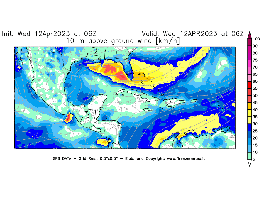 GFS analysi map - Wind Speed at 10 m above ground [km/h] in Central America
									on 12/04/2023 06 <!--googleoff: index-->UTC<!--googleon: index-->
