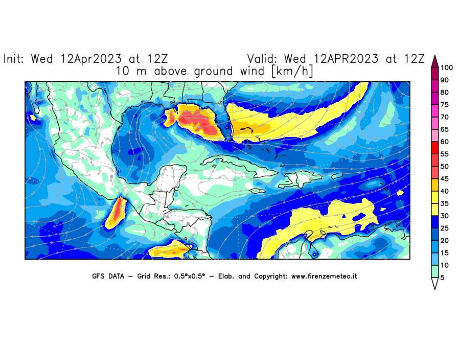 GFS analysi map - Wind Speed at 10 m above ground [km/h] in Central America
									on 12/04/2023 12 <!--googleoff: index-->UTC<!--googleon: index-->