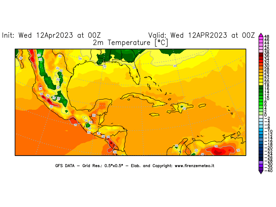 GFS analysi map - Temperature at 2 m above ground [°C] in Central America
									on 12/04/2023 00 <!--googleoff: index-->UTC<!--googleon: index-->