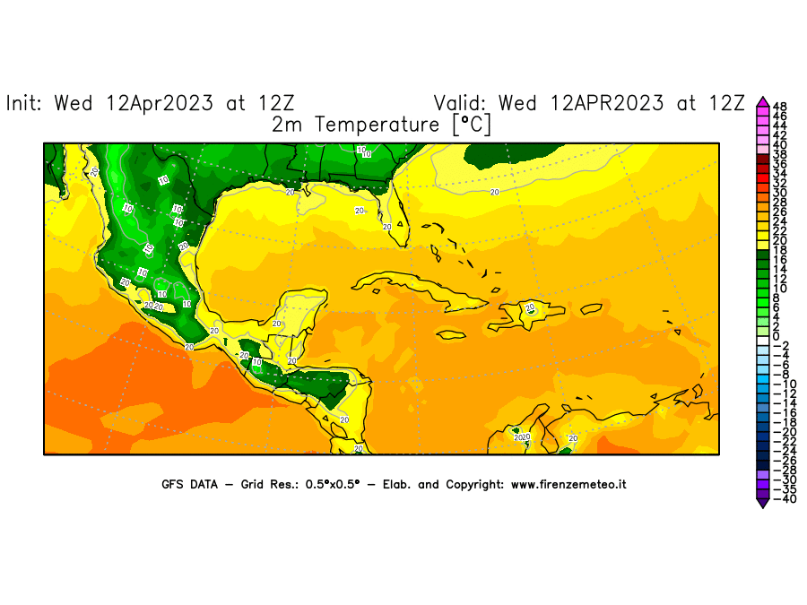 GFS analysi map - Temperature at 2 m above ground [°C] in Central America
									on 12/04/2023 12 <!--googleoff: index-->UTC<!--googleon: index-->