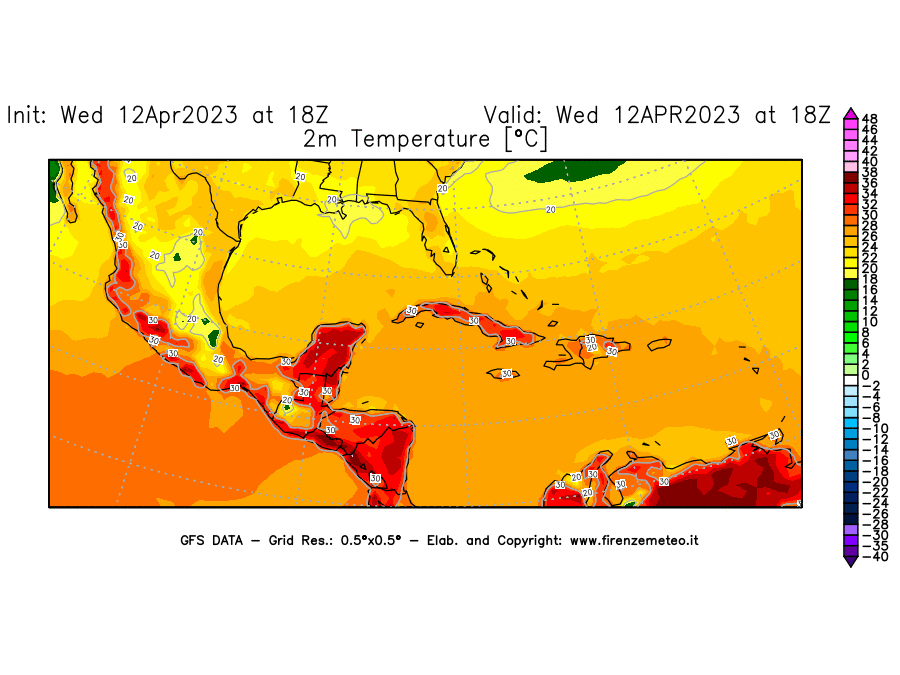 GFS analysi map - Temperature at 2 m above ground [°C] in Central America
									on 12/04/2023 18 <!--googleoff: index-->UTC<!--googleon: index-->