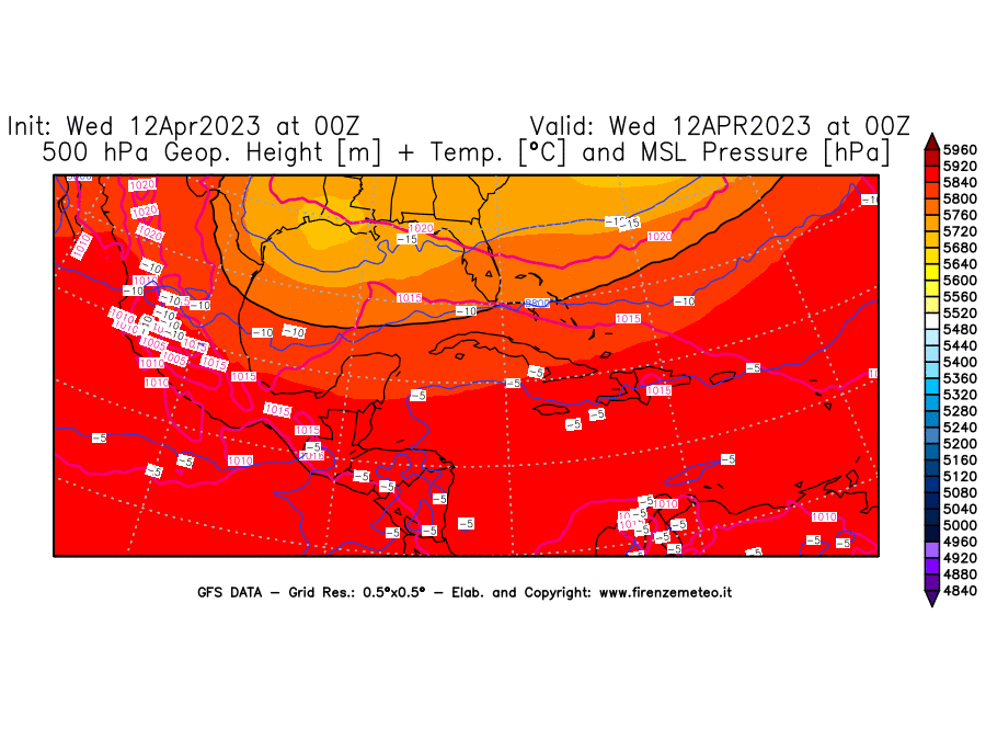 GFS analysi map - Geopotential [m] + Temp. [°C] at 500 hPa + Sea Level Pressure [hPa] in Central America
									on 12/04/2023 00 <!--googleoff: index-->UTC<!--googleon: index-->