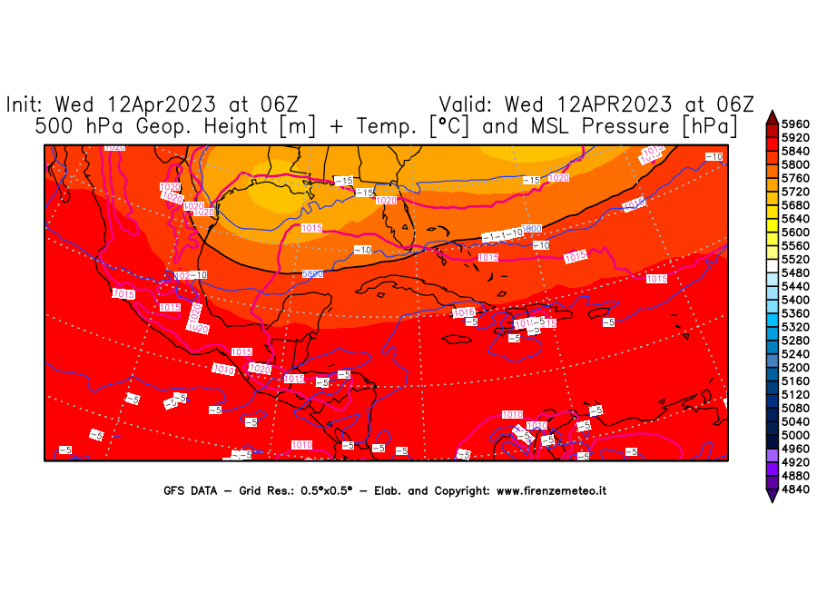 GFS analysi map - Geopotential [m] + Temp. [°C] at 500 hPa + Sea Level Pressure [hPa] in Central America
									on 12/04/2023 06 <!--googleoff: index-->UTC<!--googleon: index-->