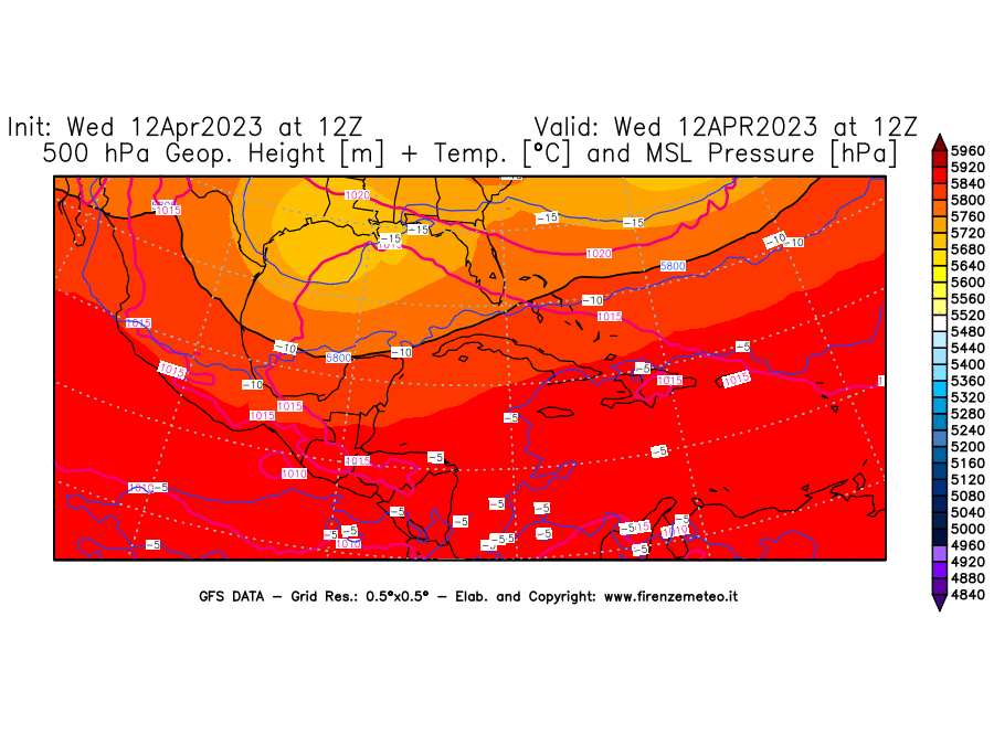 GFS analysi map - Geopotential [m] + Temp. [°C] at 500 hPa + Sea Level Pressure [hPa] in Central America
									on 12/04/2023 12 <!--googleoff: index-->UTC<!--googleon: index-->