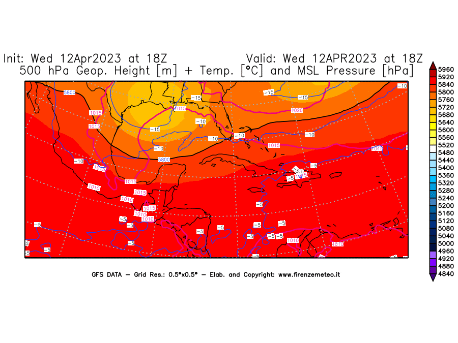 GFS analysi map - Geopotential [m] + Temp. [°C] at 500 hPa + Sea Level Pressure [hPa] in Central America
									on 12/04/2023 18 <!--googleoff: index-->UTC<!--googleon: index-->