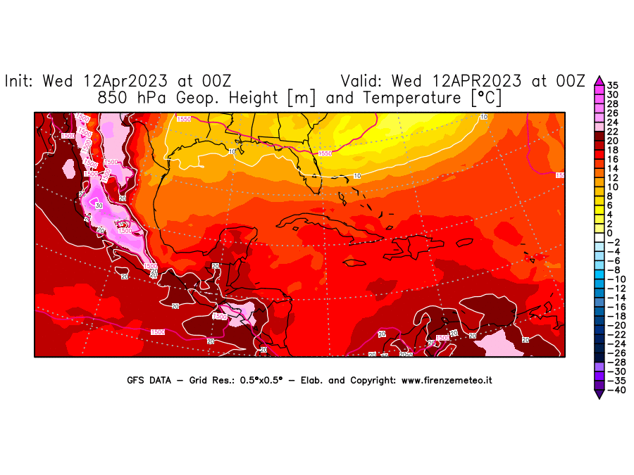GFS analysi map - Geopotential [m] and Temperature [°C] at 850 hPa in Central America
									on 12/04/2023 00 <!--googleoff: index-->UTC<!--googleon: index-->
