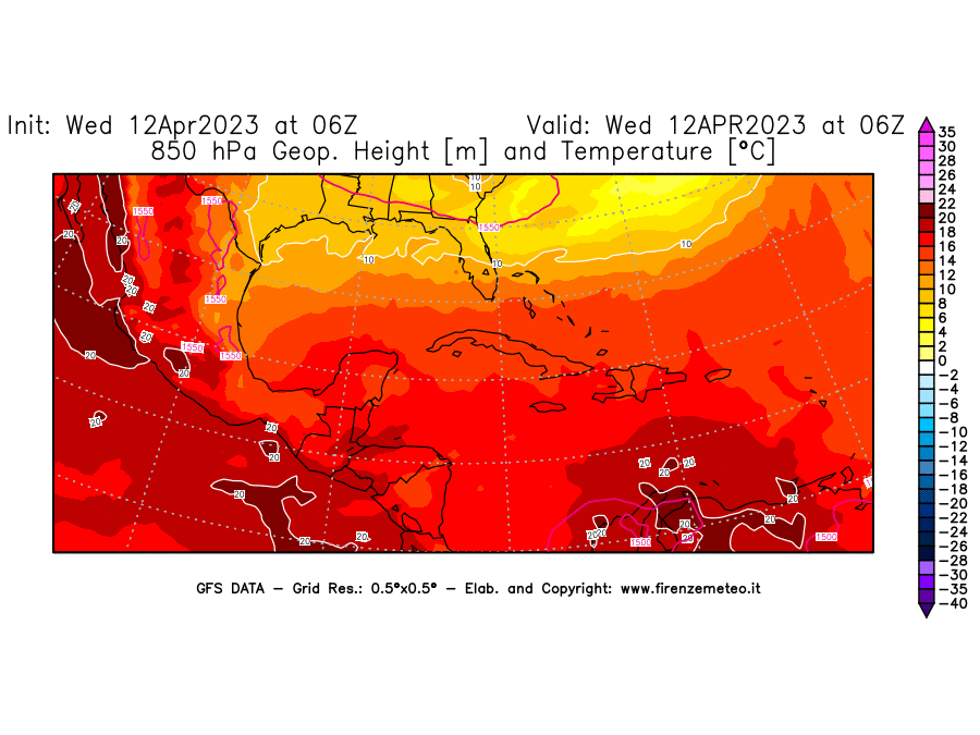 GFS analysi map - Geopotential [m] and Temperature [°C] at 850 hPa in Central America
									on 12/04/2023 06 <!--googleoff: index-->UTC<!--googleon: index-->