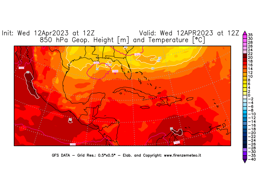 GFS analysi map - Geopotential [m] and Temperature [°C] at 850 hPa in Central America
									on 12/04/2023 12 <!--googleoff: index-->UTC<!--googleon: index-->