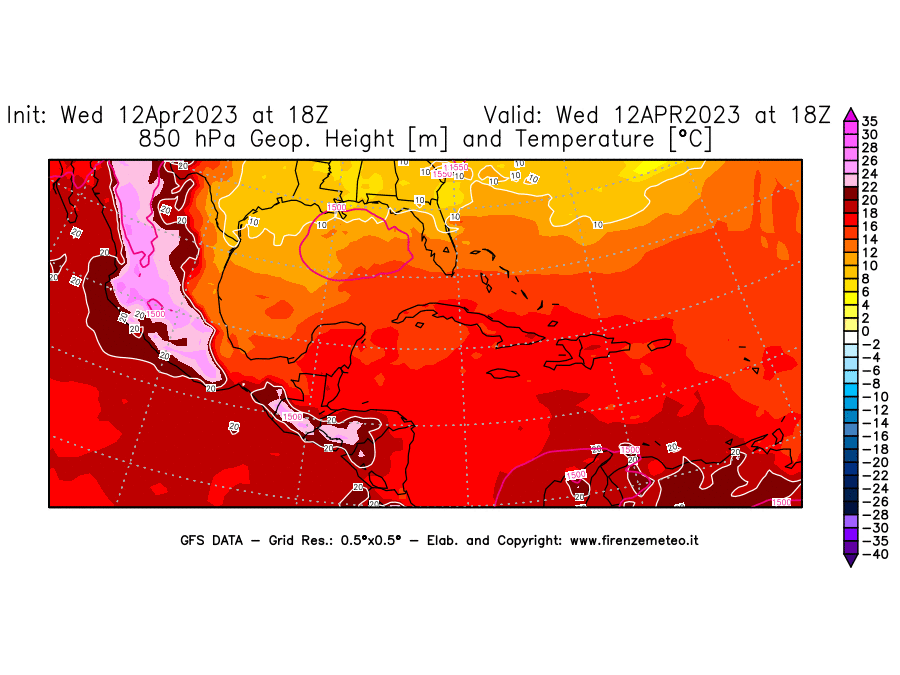 GFS analysi map - Geopotential [m] and Temperature [°C] at 850 hPa in Central America
									on 12/04/2023 18 <!--googleoff: index-->UTC<!--googleon: index-->