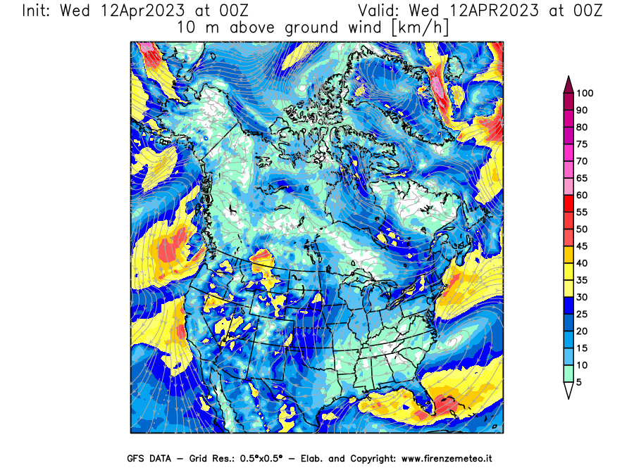 GFS analysi map - Wind Speed at 10 m above ground [km/h] in North America
									on 12/04/2023 00 <!--googleoff: index-->UTC<!--googleon: index-->