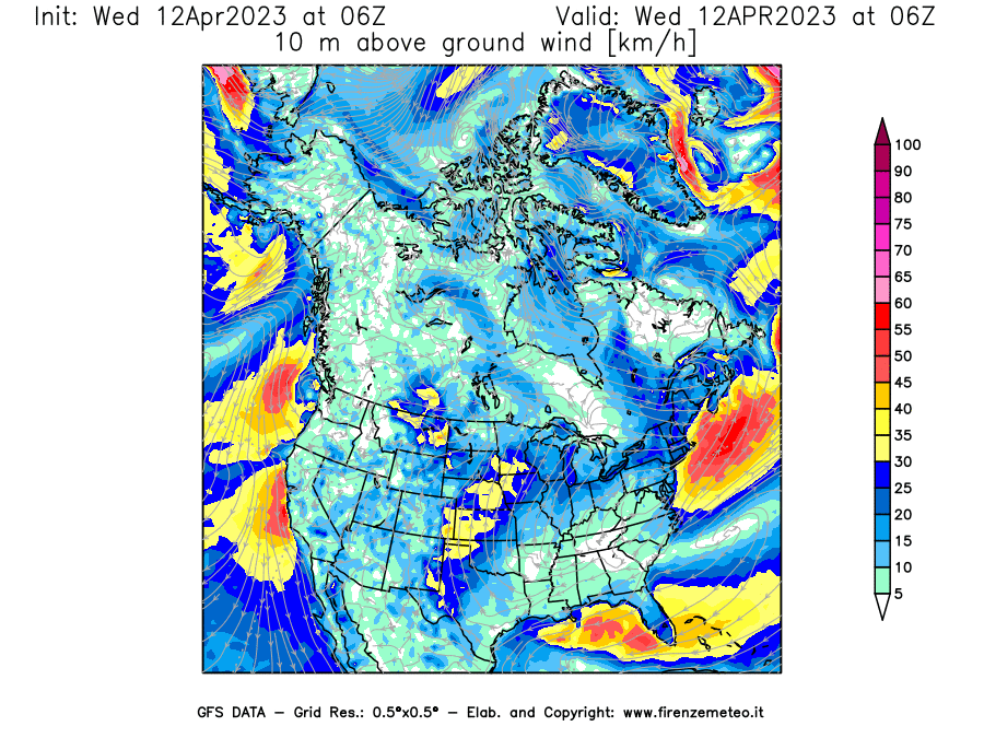 GFS analysi map - Wind Speed at 10 m above ground [km/h] in North America
									on 12/04/2023 06 <!--googleoff: index-->UTC<!--googleon: index-->