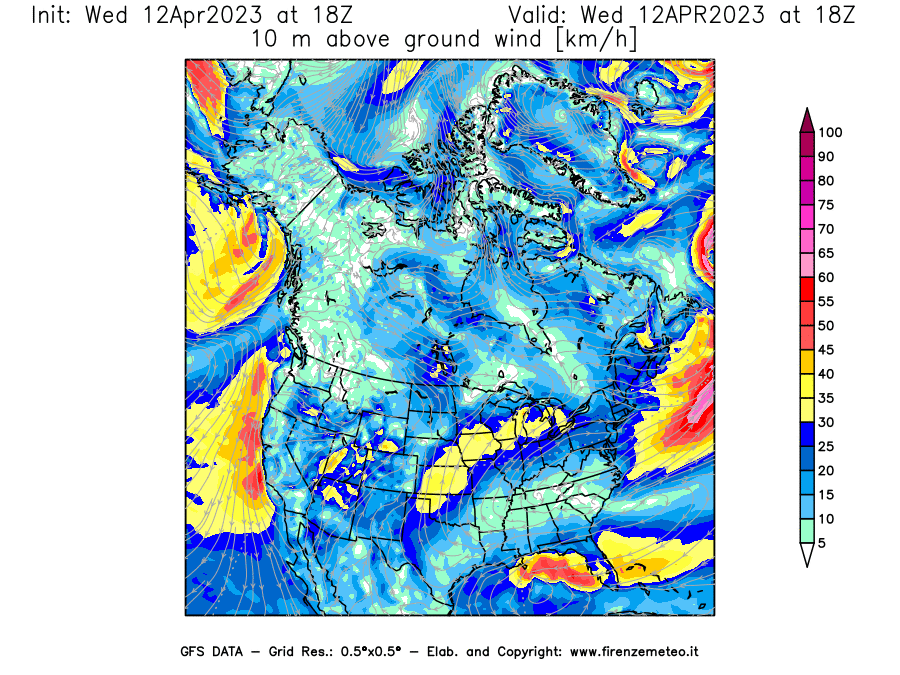 GFS analysi map - Wind Speed at 10 m above ground [km/h] in North America
									on 12/04/2023 18 <!--googleoff: index-->UTC<!--googleon: index-->