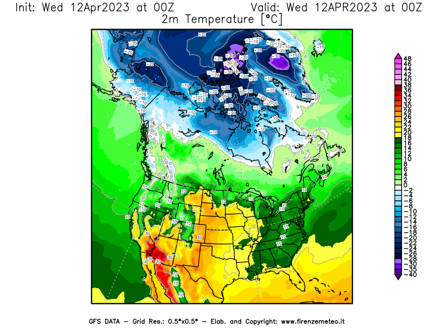 GFS analysi map - Temperature at 2 m above ground [°C] in North America
									on 12/04/2023 00 <!--googleoff: index-->UTC<!--googleon: index-->