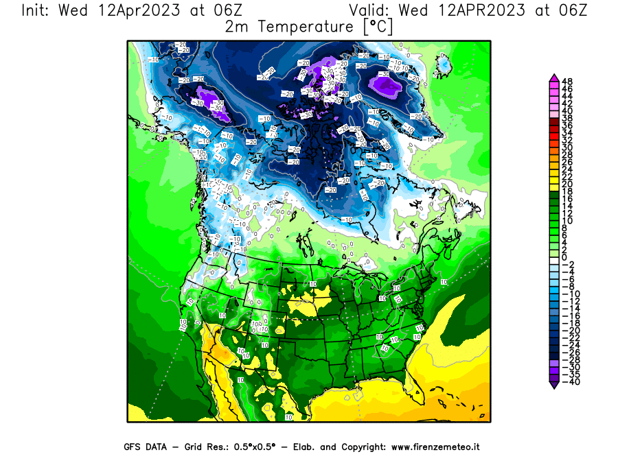 GFS analysi map - Temperature at 2 m above ground [°C] in North America
									on 12/04/2023 06 <!--googleoff: index-->UTC<!--googleon: index-->