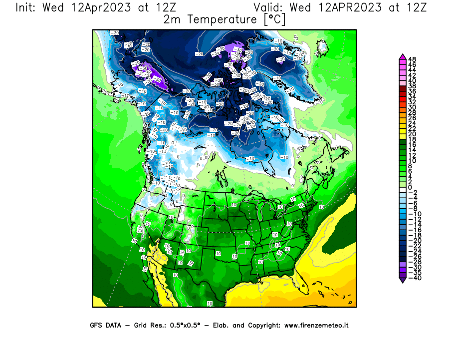 GFS analysi map - Temperature at 2 m above ground [°C] in North America
									on 12/04/2023 12 <!--googleoff: index-->UTC<!--googleon: index-->