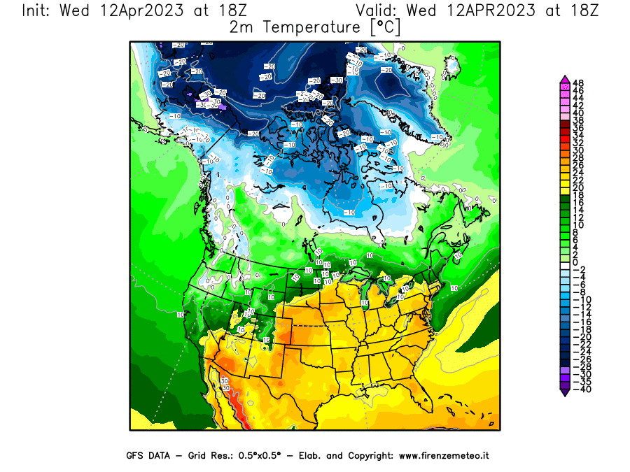 GFS analysi map - Temperature at 2 m above ground [°C] in North America
									on 12/04/2023 18 <!--googleoff: index-->UTC<!--googleon: index-->