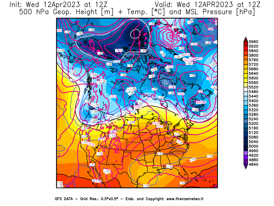 GFS analysi map - Geopotential [m] + Temp. [°C] at 500 hPa + Sea Level Pressure [hPa] in North America
									on 12/04/2023 12 <!--googleoff: index-->UTC<!--googleon: index-->