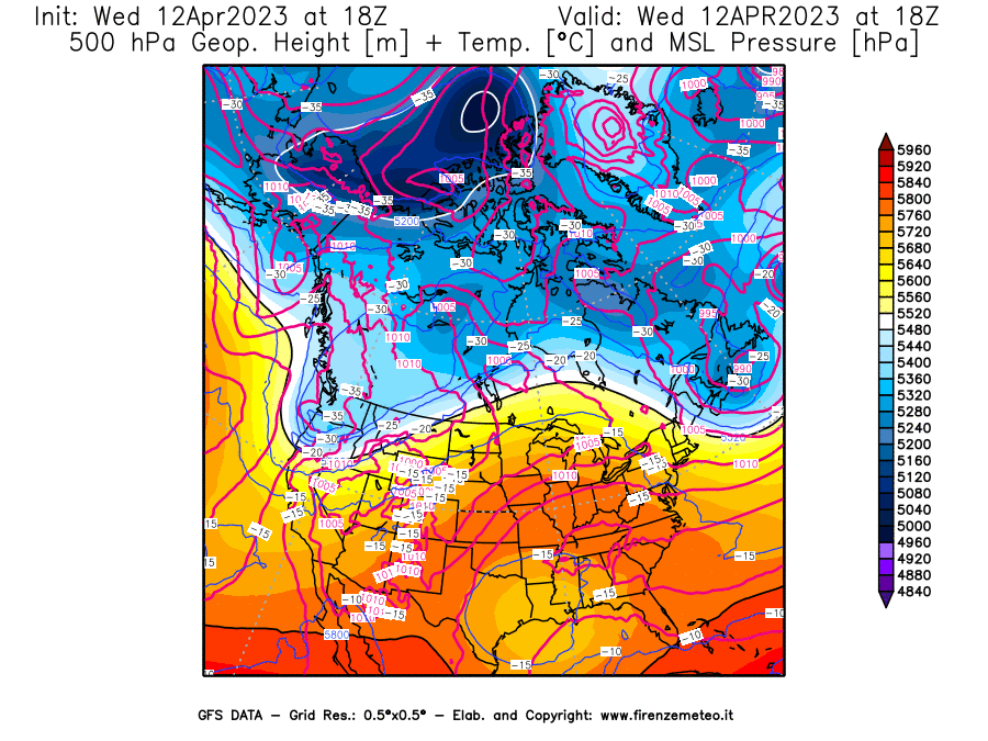 GFS analysi map - Geopotential [m] + Temp. [°C] at 500 hPa + Sea Level Pressure [hPa] in North America
									on 12/04/2023 18 <!--googleoff: index-->UTC<!--googleon: index-->