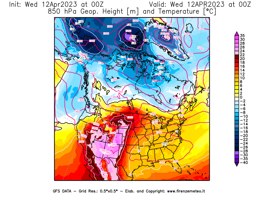 GFS analysi map - Geopotential [m] and Temperature [°C] at 850 hPa in North America
									on 12/04/2023 00 <!--googleoff: index-->UTC<!--googleon: index-->