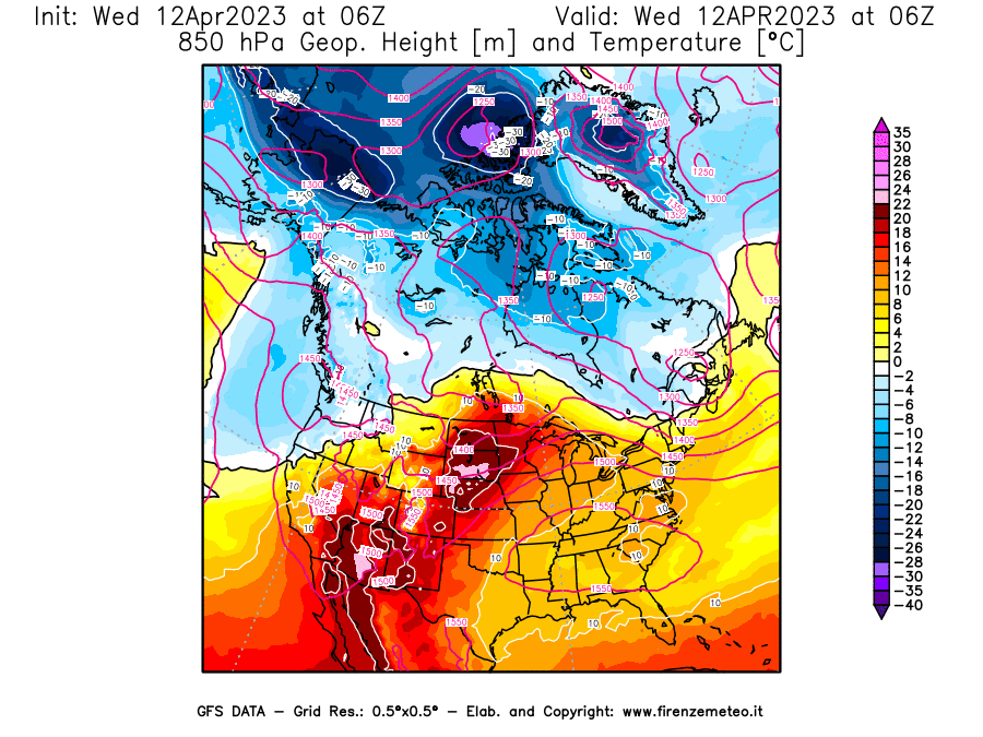 GFS analysi map - Geopotential [m] and Temperature [°C] at 850 hPa in North America
									on 12/04/2023 06 <!--googleoff: index-->UTC<!--googleon: index-->