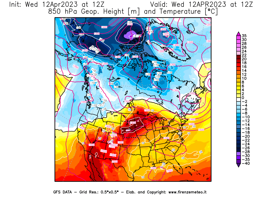 GFS analysi map - Geopotential [m] and Temperature [°C] at 850 hPa in North America
									on 12/04/2023 12 <!--googleoff: index-->UTC<!--googleon: index-->
