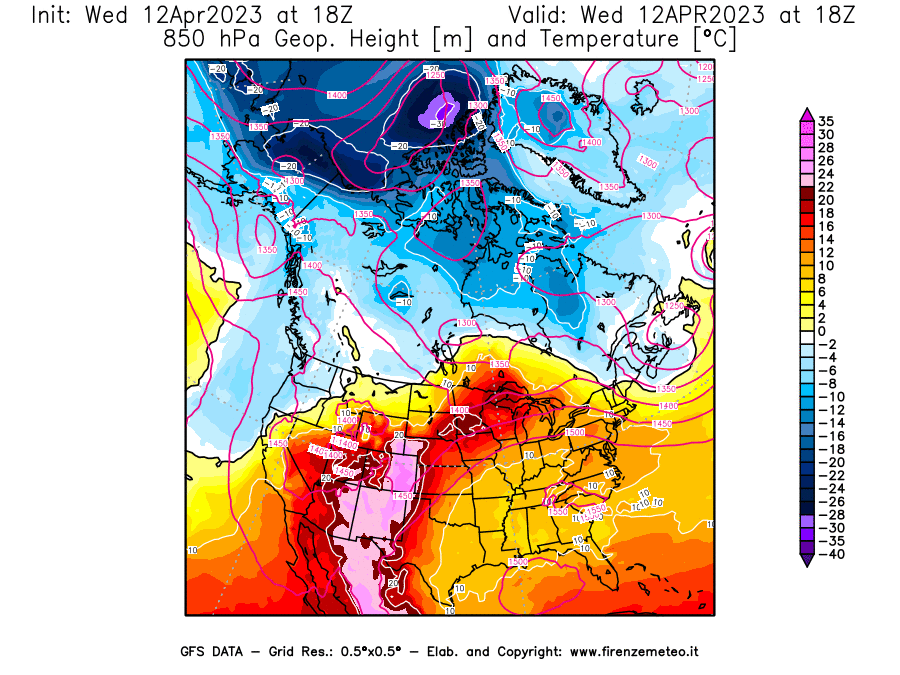 GFS analysi map - Geopotential [m] and Temperature [°C] at 850 hPa in North America
									on 12/04/2023 18 <!--googleoff: index-->UTC<!--googleon: index-->