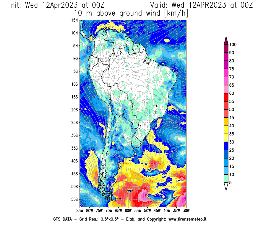 GFS analysi map - Wind Speed at 10 m above ground [km/h] in South America
									on 12/04/2023 00 <!--googleoff: index-->UTC<!--googleon: index-->